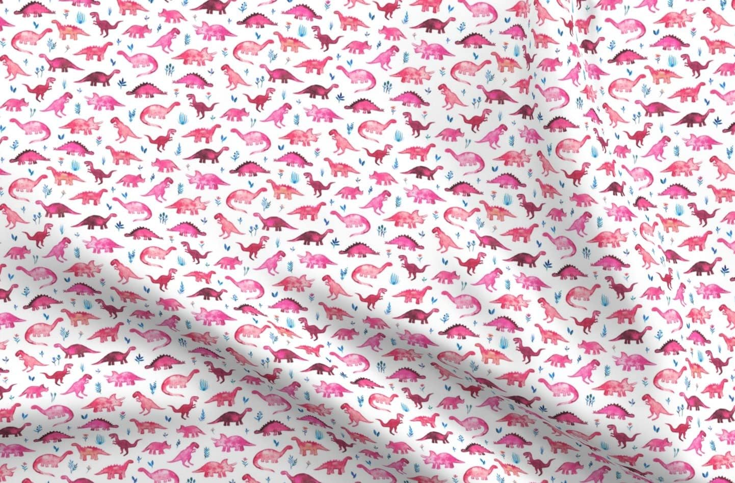 Spoonflower Fabric - Tiny Dinos Magenta Coral White Small Print Dinosaurs Watercolor Dino Printed on Upholstery Velvet Fabric Fat Quarter - Upholstery Home Decor Bottomweight Apparel