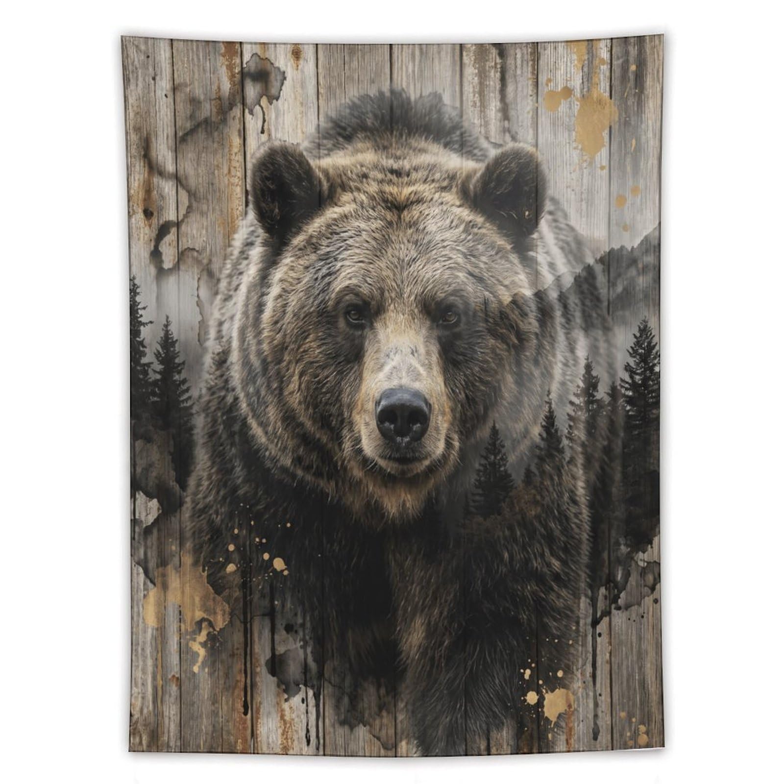 W7C8U2X3 Brown Bear Mountain Forest Wall Tapestry, Quiet Nature