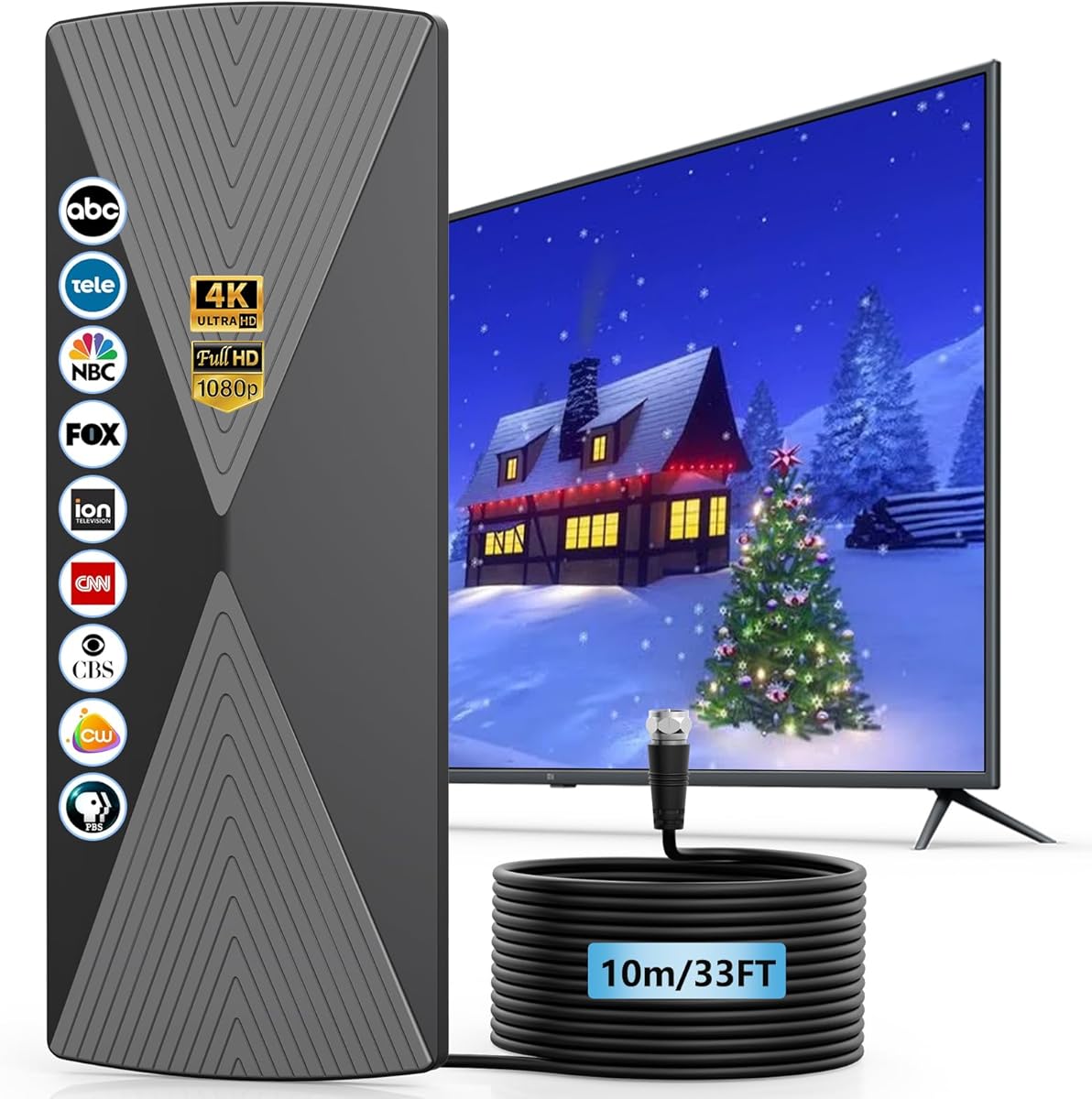 TV Antenna Indoor, 2025 Long Range Antenna for Smart TV with Amplifier Signal Booster for Local Channels,Digital inddor Antenna for All Older TV's-Supports 4K 1080p -33ft Long Cables