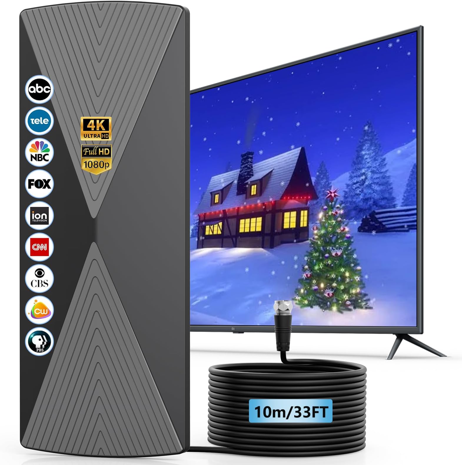 TV Antenna Indoor, 2025 Long Range Antenna for Smart TV with Amplifier Signal Booster for Local Channels,Digital inddor Antenna for All Older TV's-Supports 4K 1080p -33ft Long Cables