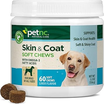 Petnc Dog Skin and Coat Supplement (60 Chewables), With Omega 3, EPA & DHA, Promotes Healthy Skin & Glossy Coat, For Dogs 18 Weeks & Older, Liver Flavor