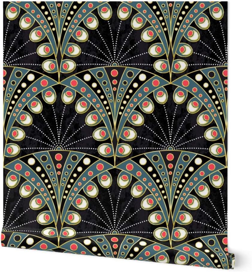 Removable Wallpaper 3ft x 2ft - Art Deco Peacock Feathers Black Teal Gold Geometric Abstract Custom Pre-Pasted Wallpaper by Spoonflower
