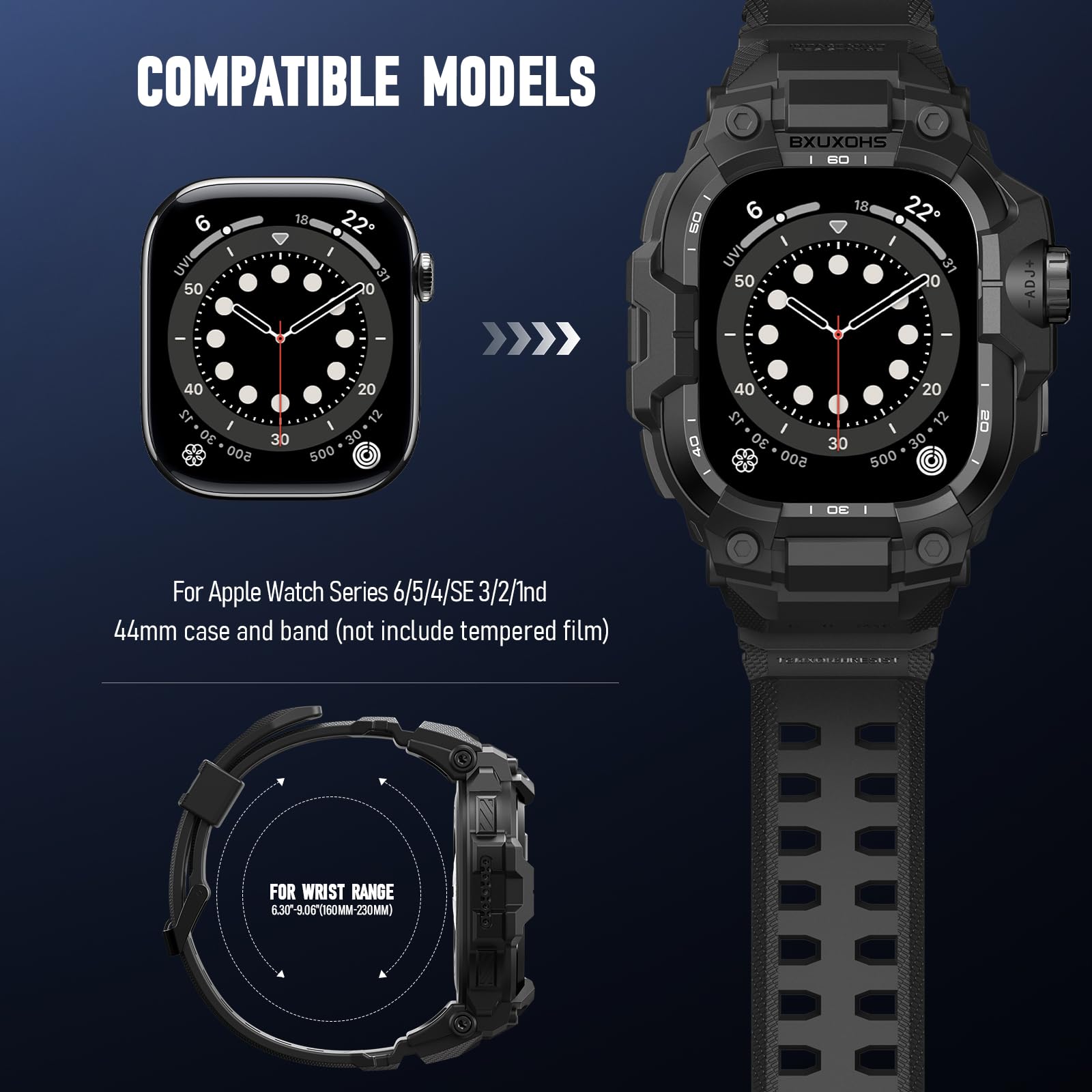 BXUXOHS Resistentes Funda y Correa para Apple Watch 44mm Hombre,para Apple Watch SE 3/SE 2a Generación/SE/Series 6/5/4,Protector Antigolpes de Nivel Militar,Correas Táctica para iWatch 6/5/4/SE 3/2