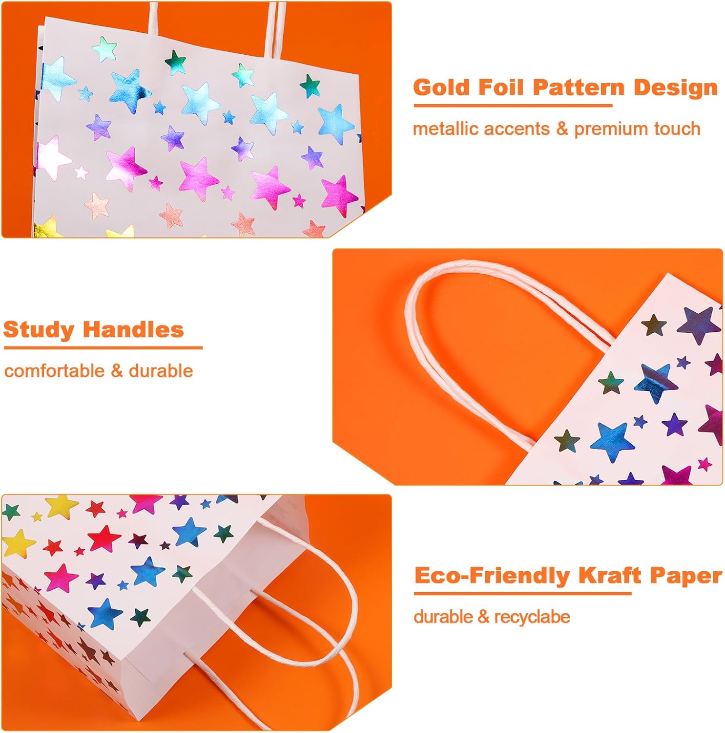 ASONA 24 Pack Gold Foil Rainbow Stars Party Favor Bags, Kraft Gift Bags with Handles for Wedding, Birthday, Graduation, Baby Shower, Bulk Loot Goodie Treat Bags (8.3x5.9 Inches) - Image 8