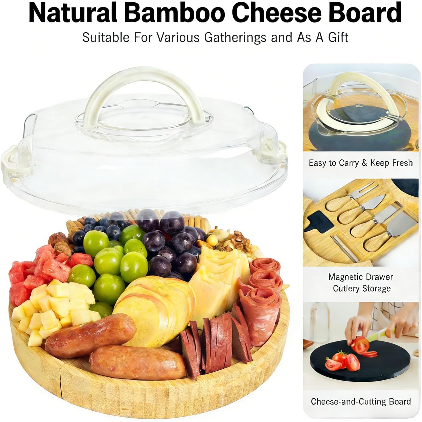 Charcuterie Board Set with Lid Round, Portable Bamboo Cheese Board Set,Travel Tray with Locking Lid for Picnic, Party, Wedding & Housewarming & Kitchen Gifts for Women - Image 5