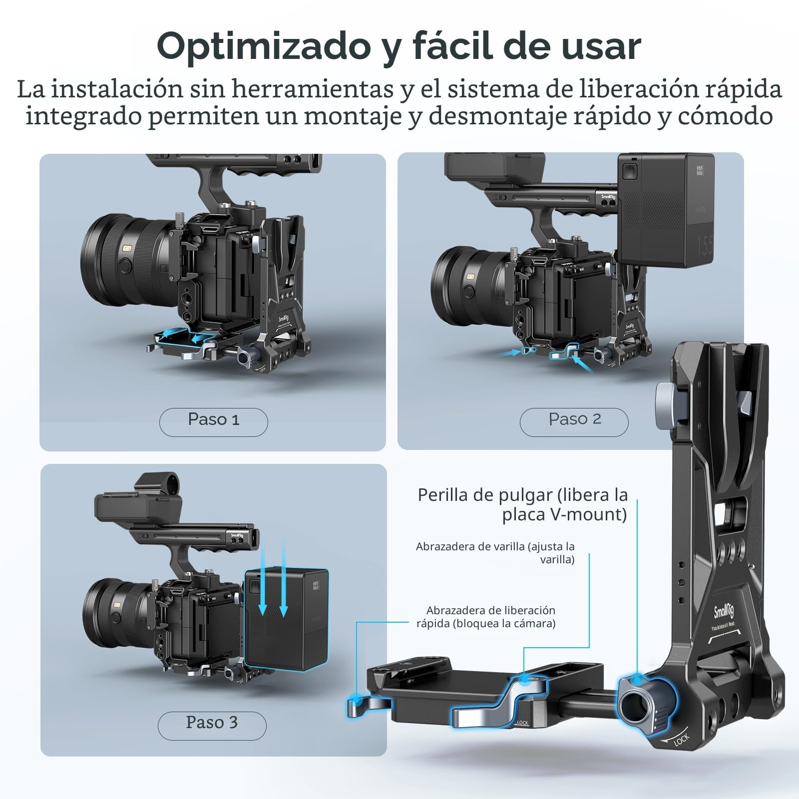 SMALLRIG V-Mount Placa de Batería, Placa de Montaje de Batería V Lock con Orificios Roscados de 1/4"-20, Placa de Batería de Montaje en V compacta y Plegable en Forma de L Sin Herramientas - 4505