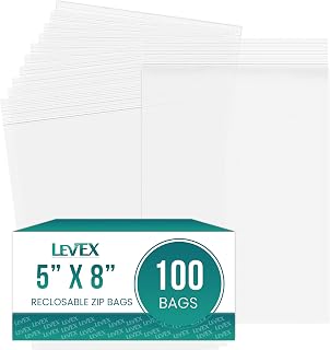 Levex - 5" x 8" (100 Count) 2 Mil Clear Reclosable Zip Plastic Poly Bags with Resealable Lock Seal Zipper for Travel, Storage, Packaging & Shipping