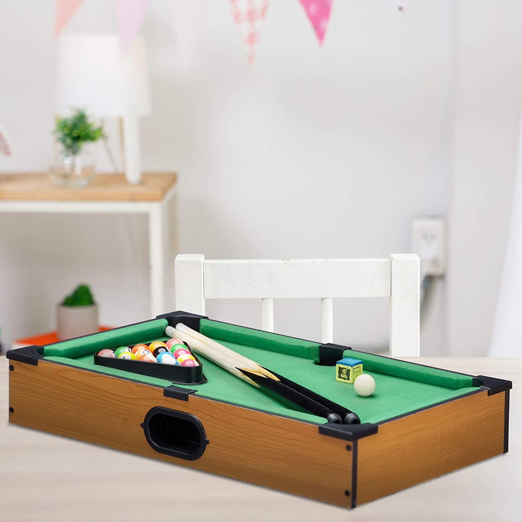FISHTEC Mini-Billardtisch, mobiler Billardtisch, grüner Filz, 2 Queues, 16 Kugeln, 51 x 34 x 9,5 cm