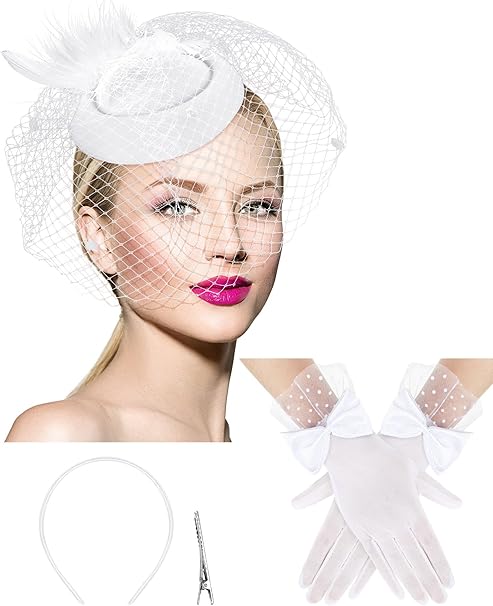 Geyoga 50s Fascinators Hat for Women 20s Feather Pillbox Hair Clip Funeral Tea Party First Communion Headpiece and Lace Glove