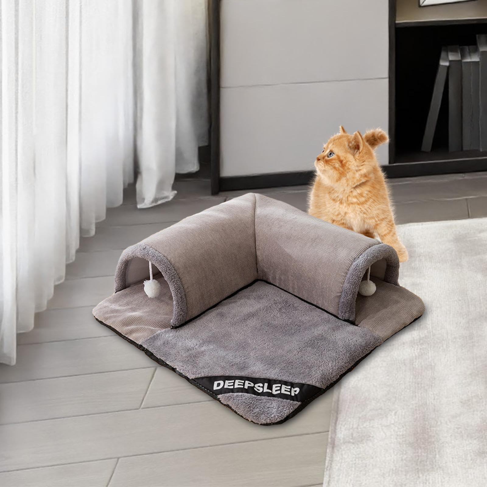 F Fityle Lit Tunnel pour Chat, Centre de Jeu d'Entraînement, Tunnel avec Boules Suspendues Interactives pour Chat, Chaton, Gris