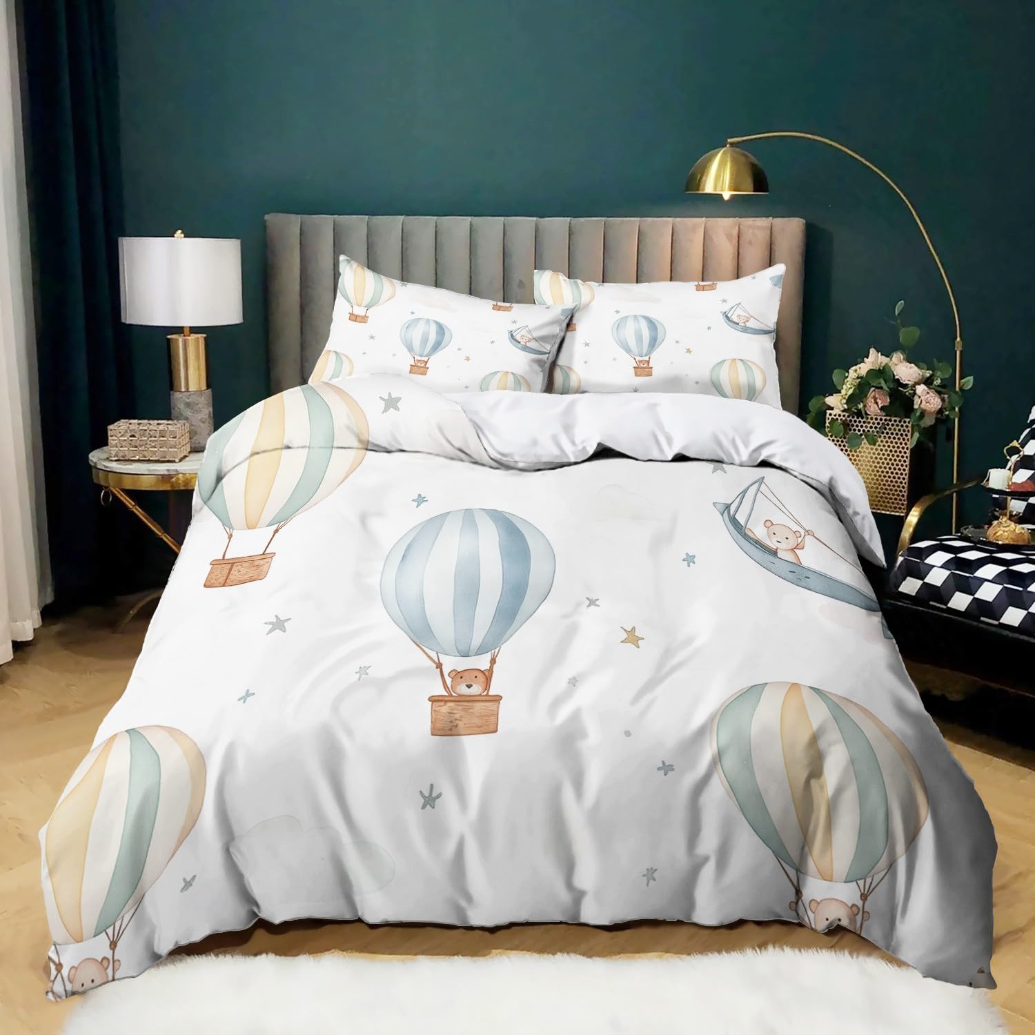 Pintura De Acuarela Funda Nordica Cama 90 de 3 Piezas Oso Globo aerostático Juego de Funda Nordica 150x200 cm y 2 x Fundas de Almohada de 50x75 para Ropa de Cama Infantil Niño Chico Niña