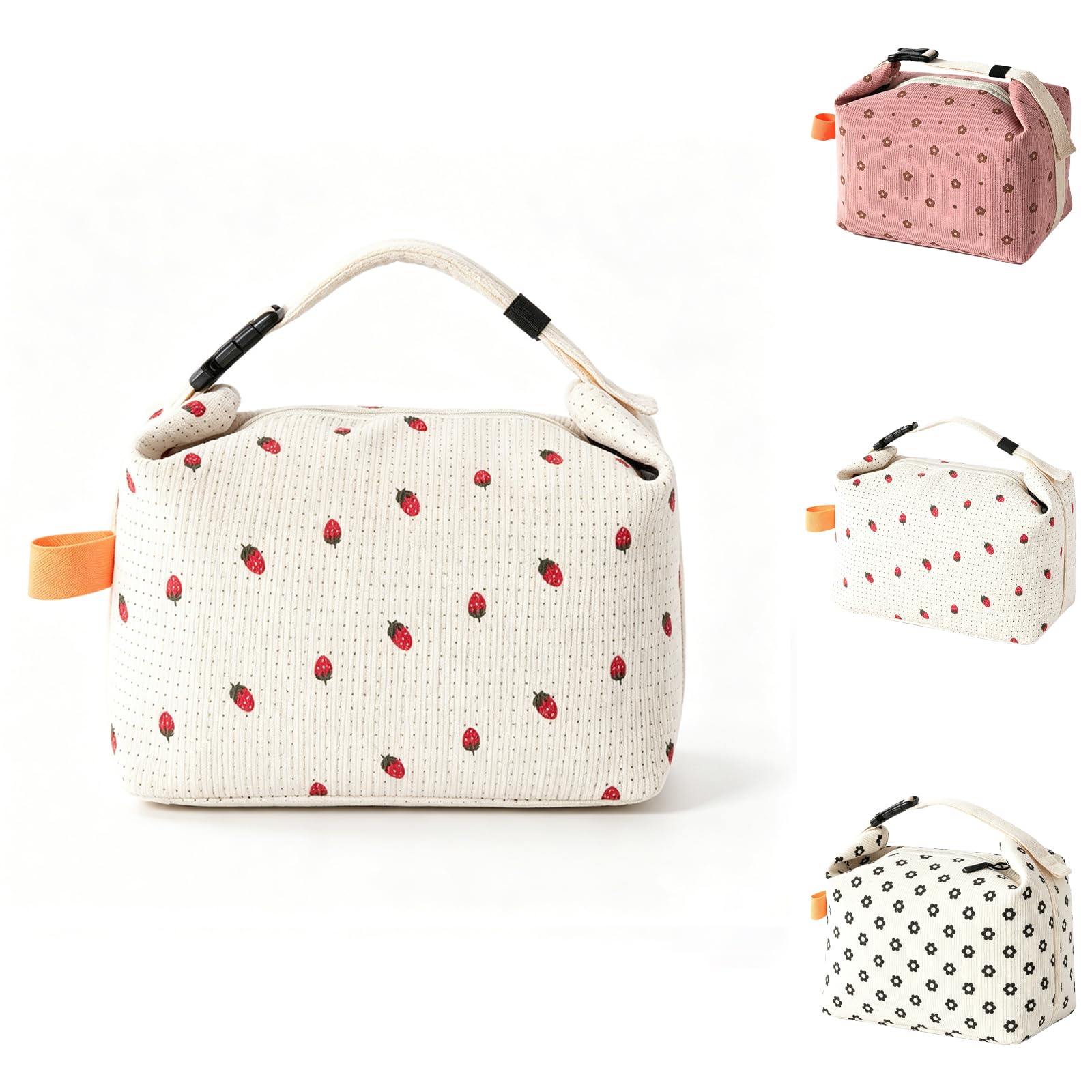 SUOXU Lunch Bag for Women Men,Cooler Bag for Work School Picnic, Reusable Insulated Lunch Box Bag, Waterproof and Oil-Proof Corduroy Tote Bag, Portable Picnic Bag Cool Bag-8L（White-Strawberry）