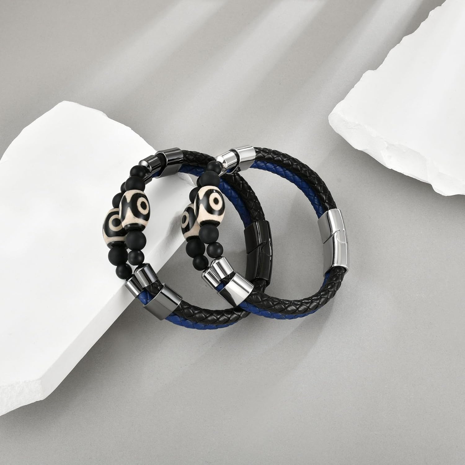 Mens Leather Bracelet Black Onyx Protection Healing Stone Bead Bracelet for Men Stainless Steel Evil Eye Clasp Cuff Bracelets Jewelry - Image 3