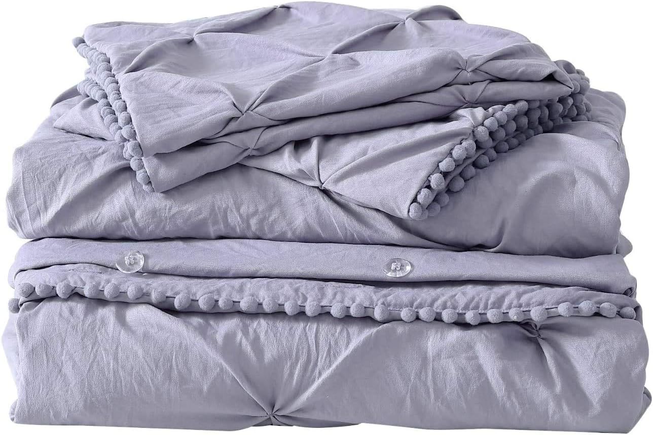 Chezmoi Collection Natalia 3-Piece Pom Poms Fringe Pinch Pleat Duvet Cover Set - Hypoallergenic Soft Washed Microfiber Comforter Cover with Button Closure and Corner Ties - Queen, Purple