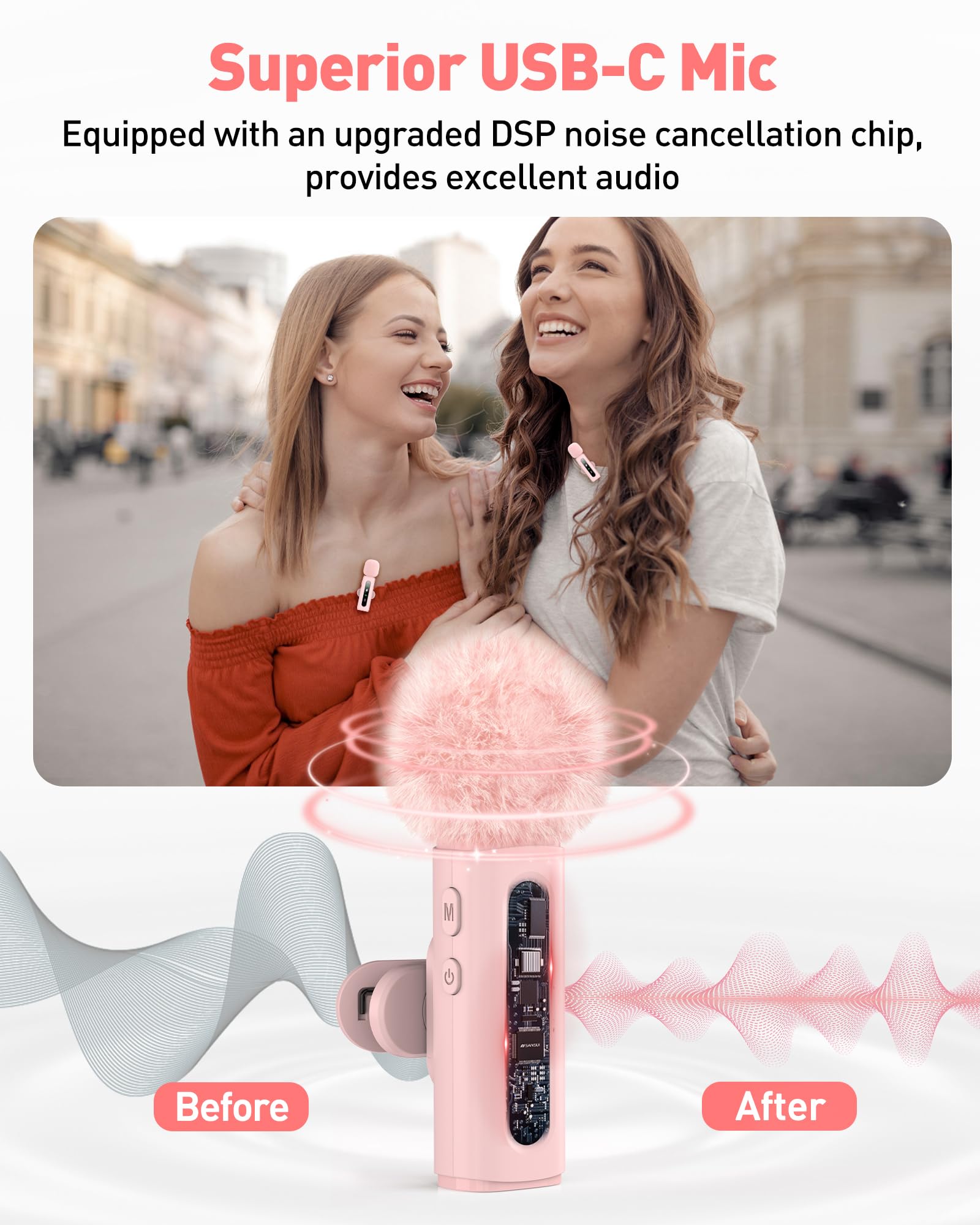 USB C Lavalier Microphone Wireless Mini Mic for Type-C Android Phone/Tablet/PC Video Recording Clip-on Mics with Rotatable Clip&Denoise Recording, Ideal for Vlog Tiktok Youtube Content Creator, Pink: Pink Without Charging Case