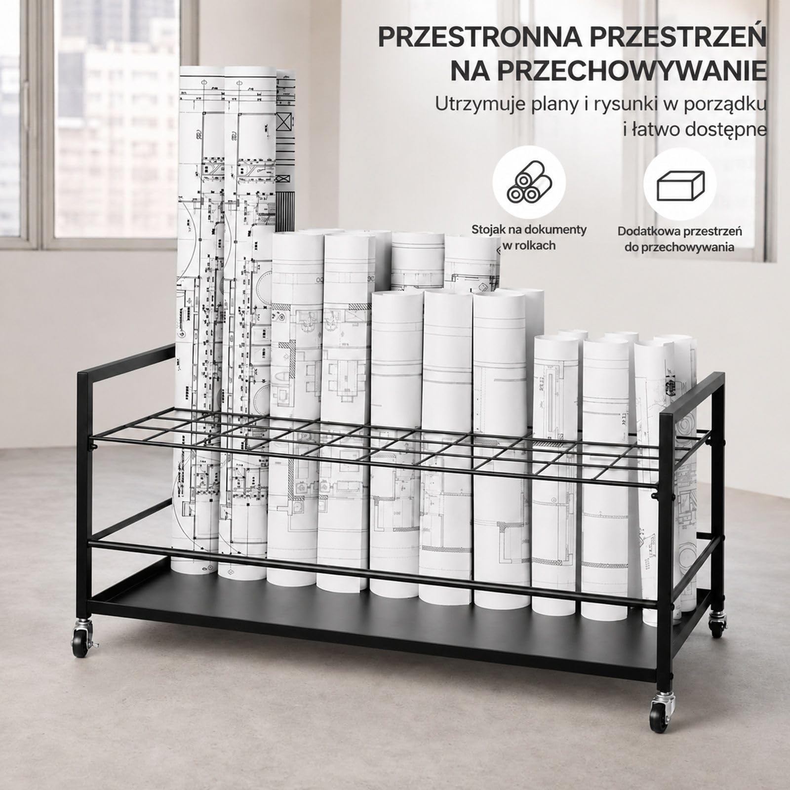 Metalowy stojak na plany z 50 przegródkami i kółkami, czarny mobilny uchwyt na mapy, plakaty i dokumenty do domu, biura i szkoły