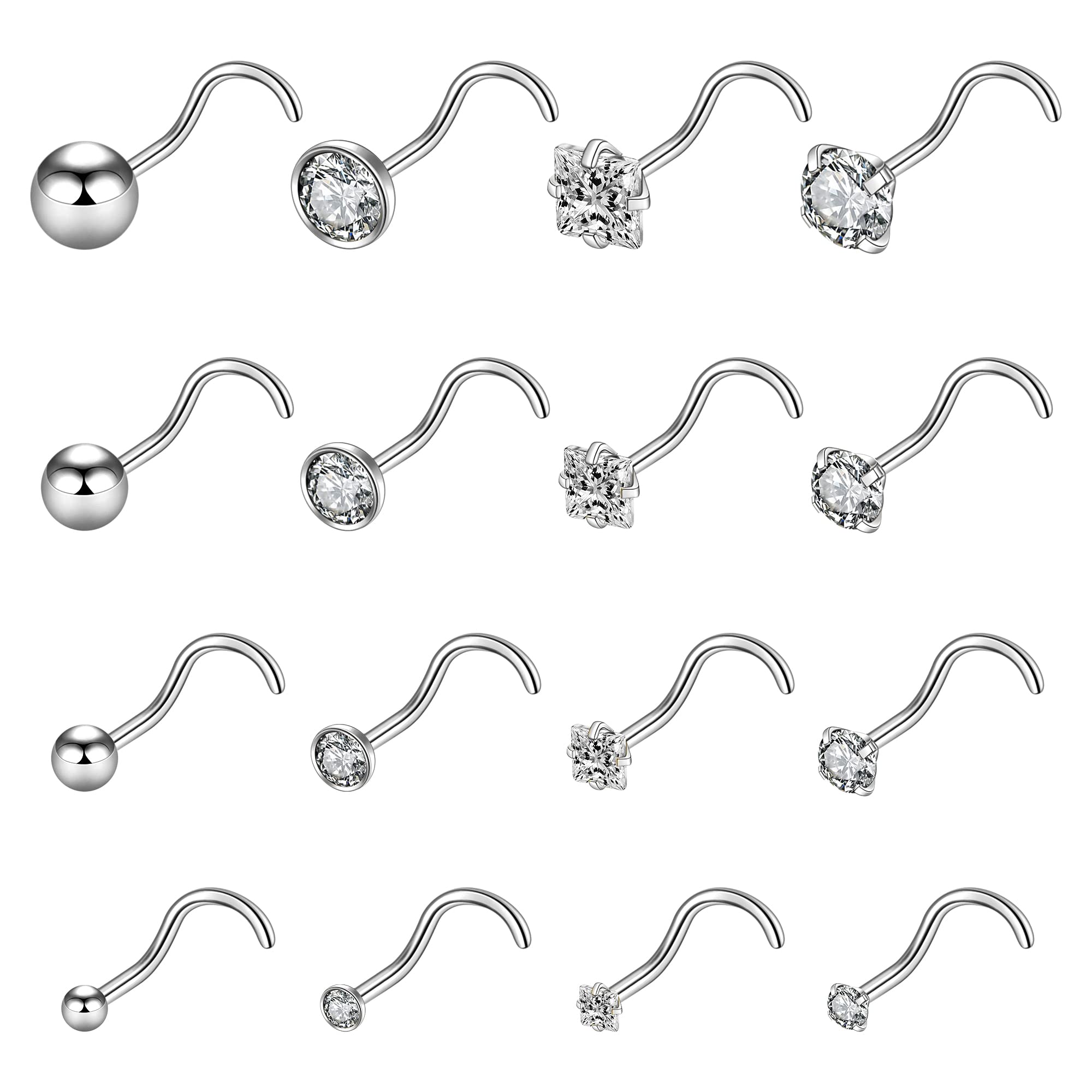 20G 16Pcs Stainless Steel Stud Nose Ring CZ L Shape Nose Body Piercing for Womens Mens-image-16