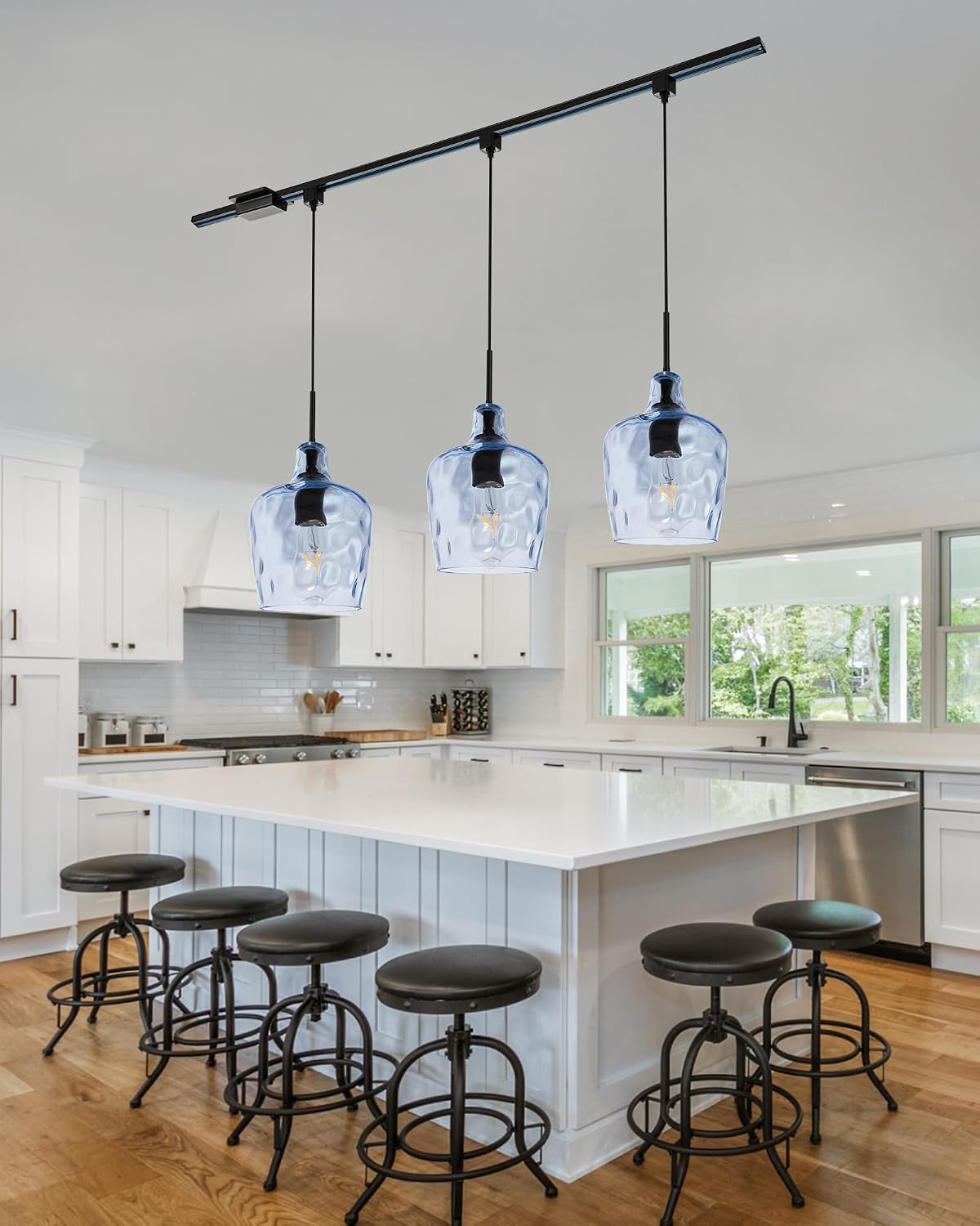3-Pack Track Pendant Lighting Set with Black Finish and H-Type, Blue Clear Glass Chandelier Adjustable Hanging Light for Dining Room Kitchen
