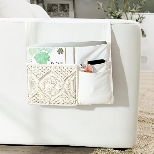 Mkono Organizador de sofá para mesita de noche, soporte de control remoto bohemio de macramé, organizador de sofá con 4 bolsillos para revistas,
