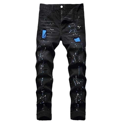QIMYUM Mens Ripped Jeans, Distressed Destroyed Slim Fit Straight Leg Denim Pants