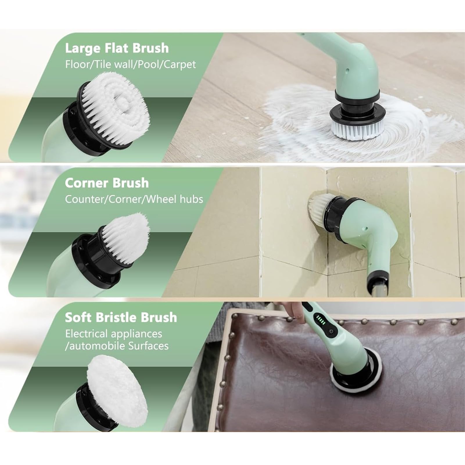 Mopa eléctrica para ventana, lavabo y bañera, limpiador para baño, cepillo de limpieza eléctrico inalámbrico con mango ajustable con 6 cabezales de repuesto