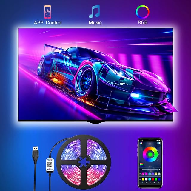 Romwish TV LED Backlights 3M, 9.8FT LED Strip Lights with Bluetooth APP Control for 40-60 inch TV, 16 Million Colors, Music Sync Color Changing + Timing Function, Adapter USB Powered