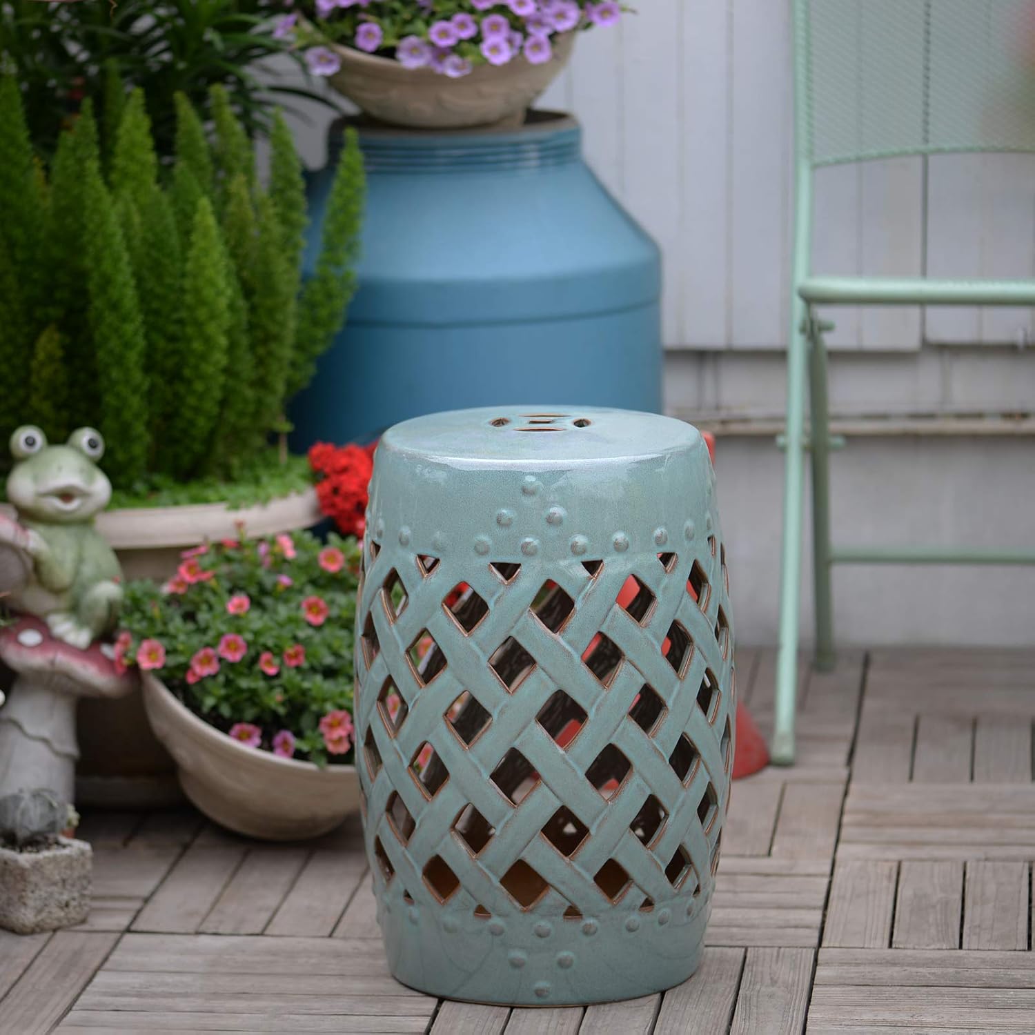 Knocbel Decorative Ceramic Garden Stool, Double-Coin Knotted Ring Design Side Table, Accent Indoor Outdoor Glazed Strong Material Plant Stand, 13.5" Dia x 17.25" H, Antique Blue Double-Coin