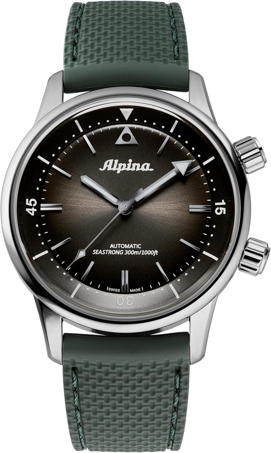 Alpina Men's Seastrong Heritage Diver 300 Swiss Made 3-Hand Date Automatic Watch, 38 Hour Power Reserve, Stainless Steel, Sapphire Crystal, 42mm, 300M Water Resistant, Green Strap