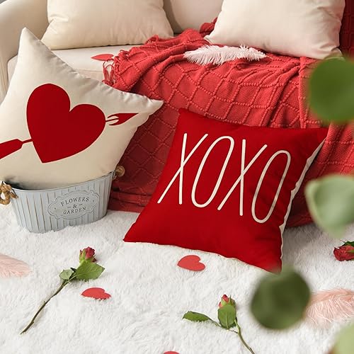 Miniatura 5 de AVOIN - Juego de 4 fundas de almohada para el día de San Valentín, 20 x 20 pulgadas, diseño de besos y abrazos XOXO, diseño de flechas de corazón y