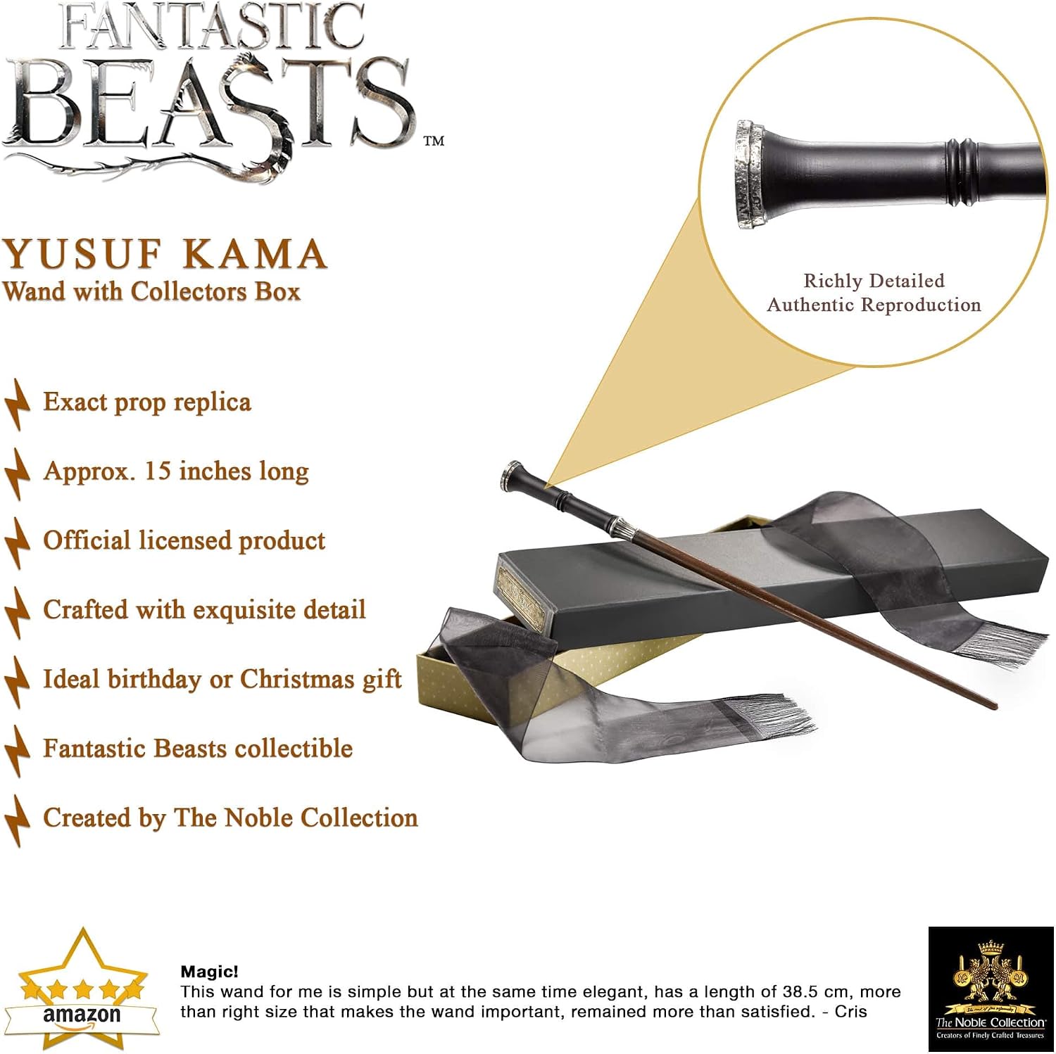 The Noble Collection Fantastic Beasts Yusuf Kama Wand in Collector’s Box - 15in (38.5cm) Wizarding World Wand - Fantastic Beasts Film Set Movie Props Wands Gifts