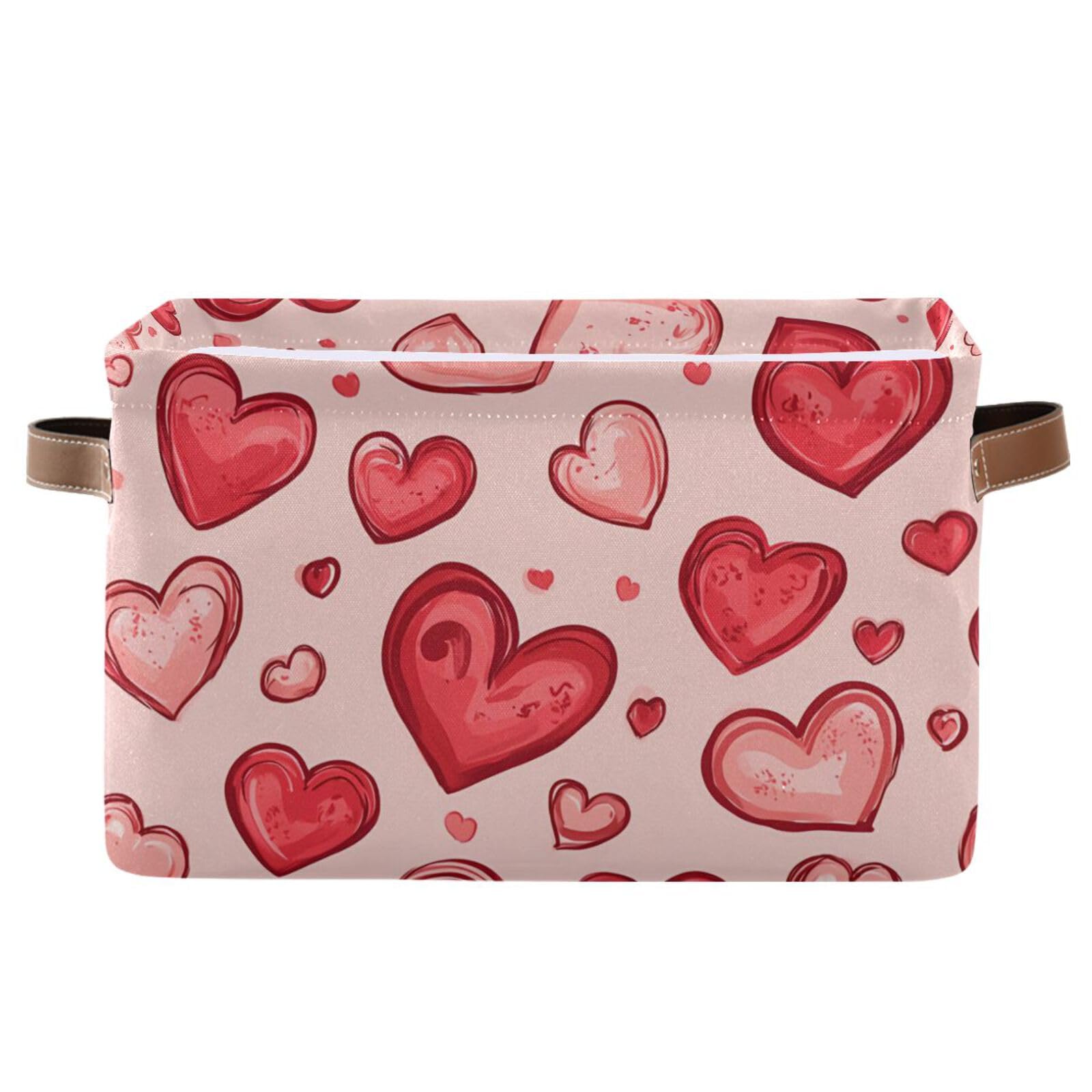 PaChyLuu Red Hearts Storage Basket Bin Canvas Fabric Organizer Toys Basket with Handles for Home Office Nursery, Clothes, Gifts, 1 Pcs