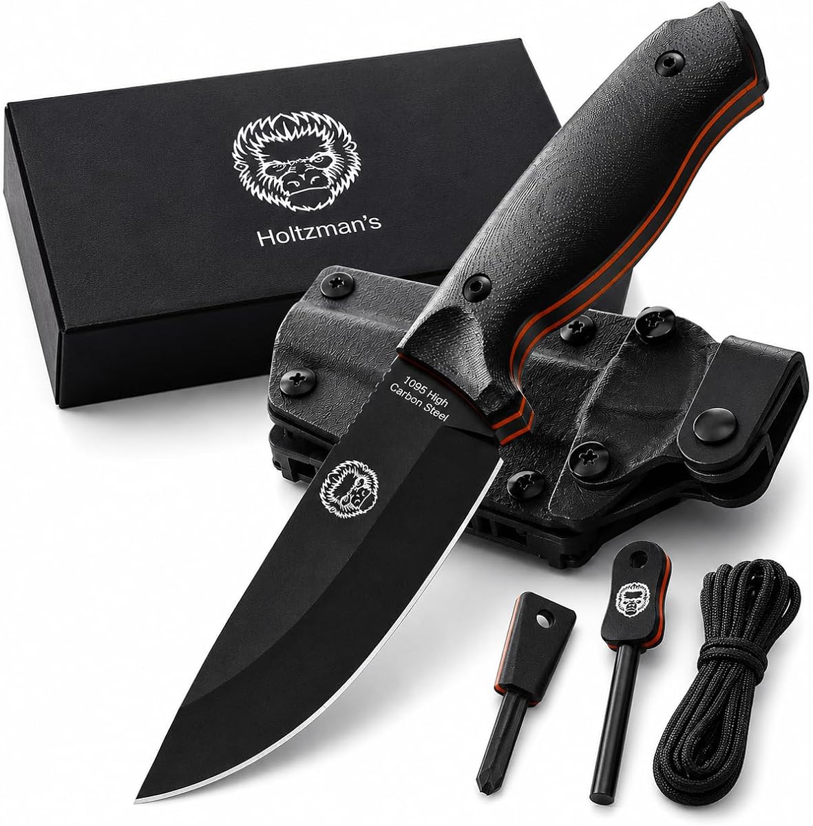 Cuchillo de supervivencia de hoja fija Bloodline - Cuchillo de caza y bushcraft de acero con alto contenido de carbono 1095 Full Tang con mango G10, funda Kydex y varilla ferro - Holtzman's Gorilla Survival