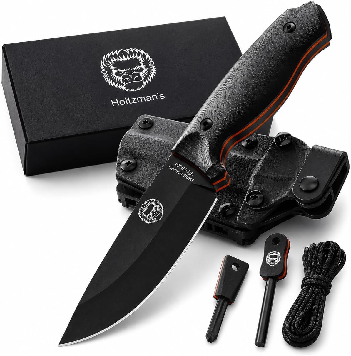 Bloodline Fixed Blade Survival Knife – Full Tang 1095 High Carbon Steel Bushcraft & Hunting Knife with G10 Handle, Kydex Sheath & Ferro Rod - Holtzman’s Gorilla Survival