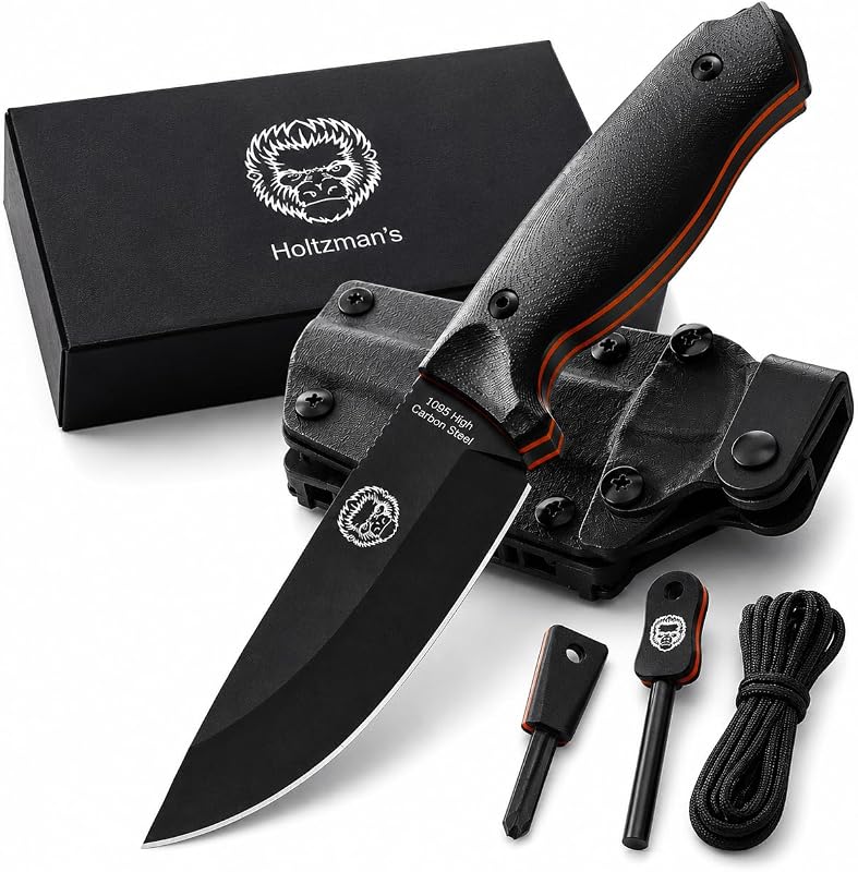 Cuchillo de supervivencia de hoja fija Bloodline - Cuchillo de caza y bushcraft de acero con alto contenido de carbono 1095 Full Tang con mango G10, funda Kydex y varilla ferro - Holtzman's Gorilla Survival