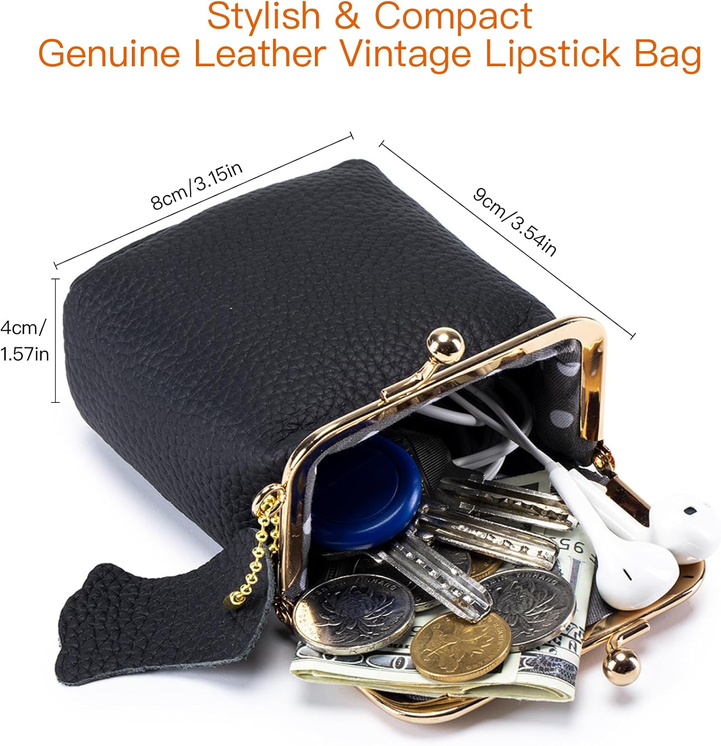Genuine Leather Vintage Lipstick Coin Purse with Kiss-Lock Closure, mini travel jeweley box, Compact Travel Jewelry Organizer for Earrings, Rings, Keys, Coins (Black) image 2