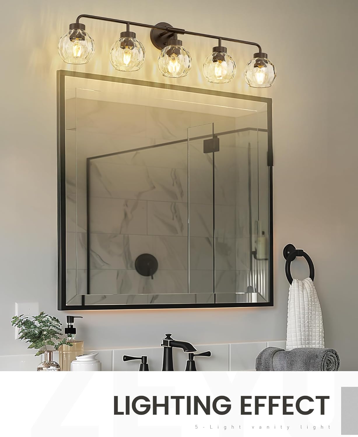 zeyu 38.5 Inch Farmhouse Bathroom Lighting Fixture, 5-Light Bathroom Vanity Light, Oil Rubbed Bronze Finish with Water Ripple Globe Glass, ZS62BG-5W ORB-WG