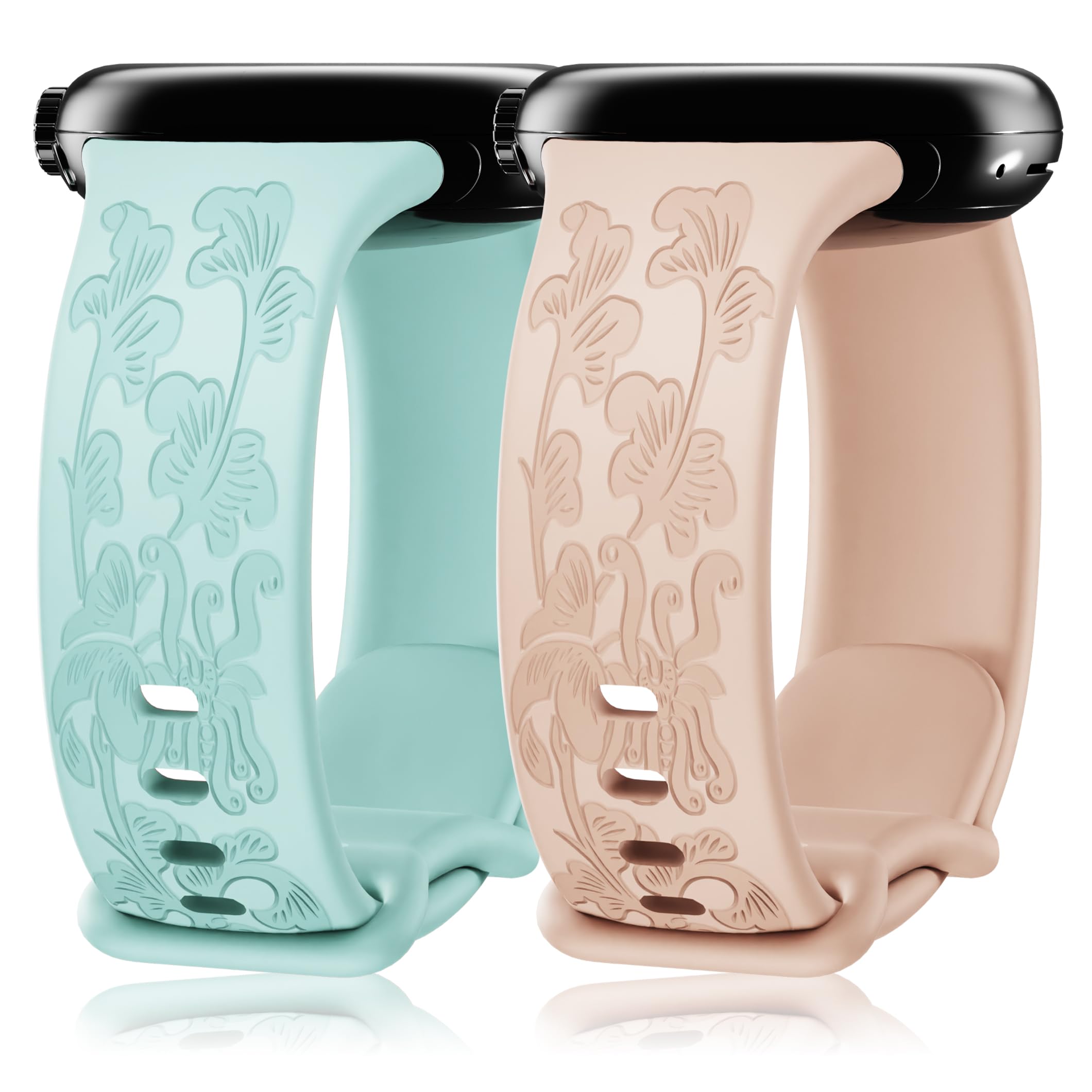 Farluya 2 Pack Floral Engraved Watchbands Compatible with Google Pixel 2/3 41mm SmartWatch for Women, Soft Silicone Cute Flower Sport Laser Replacement Strap for Pixel Watch Accessories