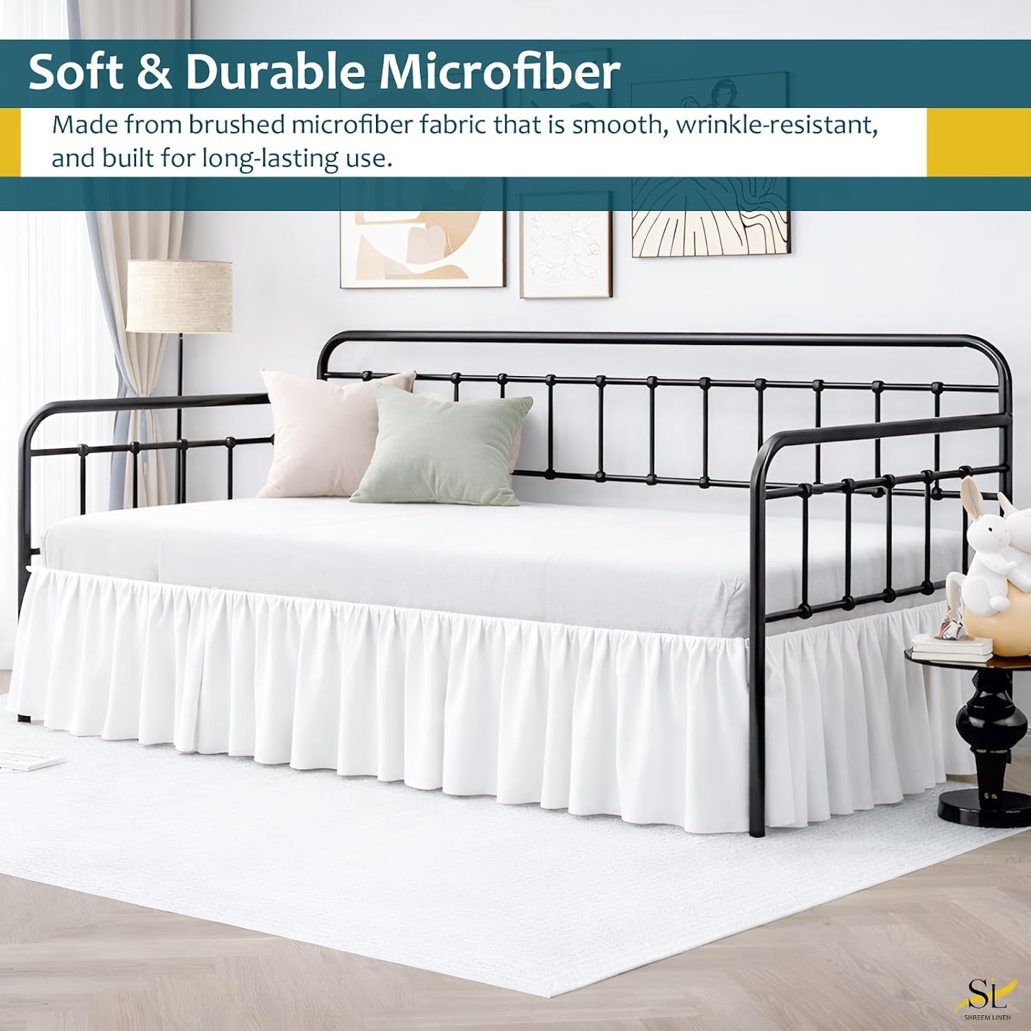Ruffled Bed Skirt with Split Corners for Day beds Three Side Coverage, Easy fit, Made with Brushed Microfiber - 16" Drop Bedskirt Twin Size, White