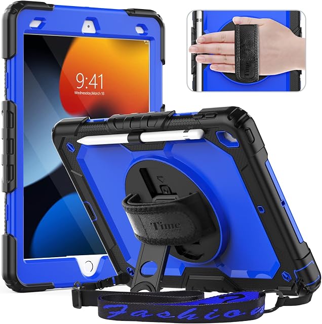 Timecity iPad 9th 8th 7th Generation Case, iPad 10.2 Inch Heavy Duty Shockproof Cover with Screen Protector, 360 Rotating Stand/Hand Strap, Pencil Holder for iPad 9/8/7 Case 2021/2020, Dark Blue