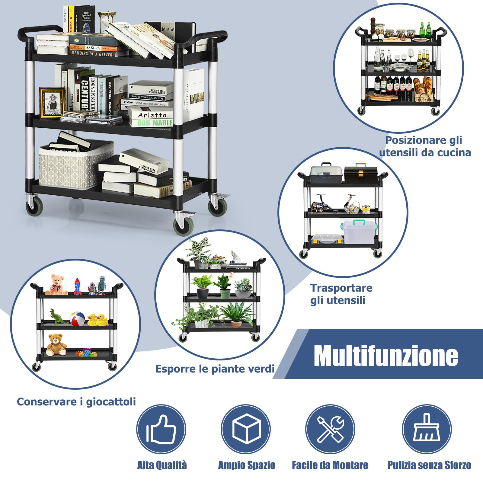 COSTWAY Carrello di Servizio a 3 Ripiani, Carrello Multiuso con Maniglie Ampio Spazio e Ruote Flessibili con Freni, Adatto a Ufficio Ristorante Casa Officina, 103x49x98 cm