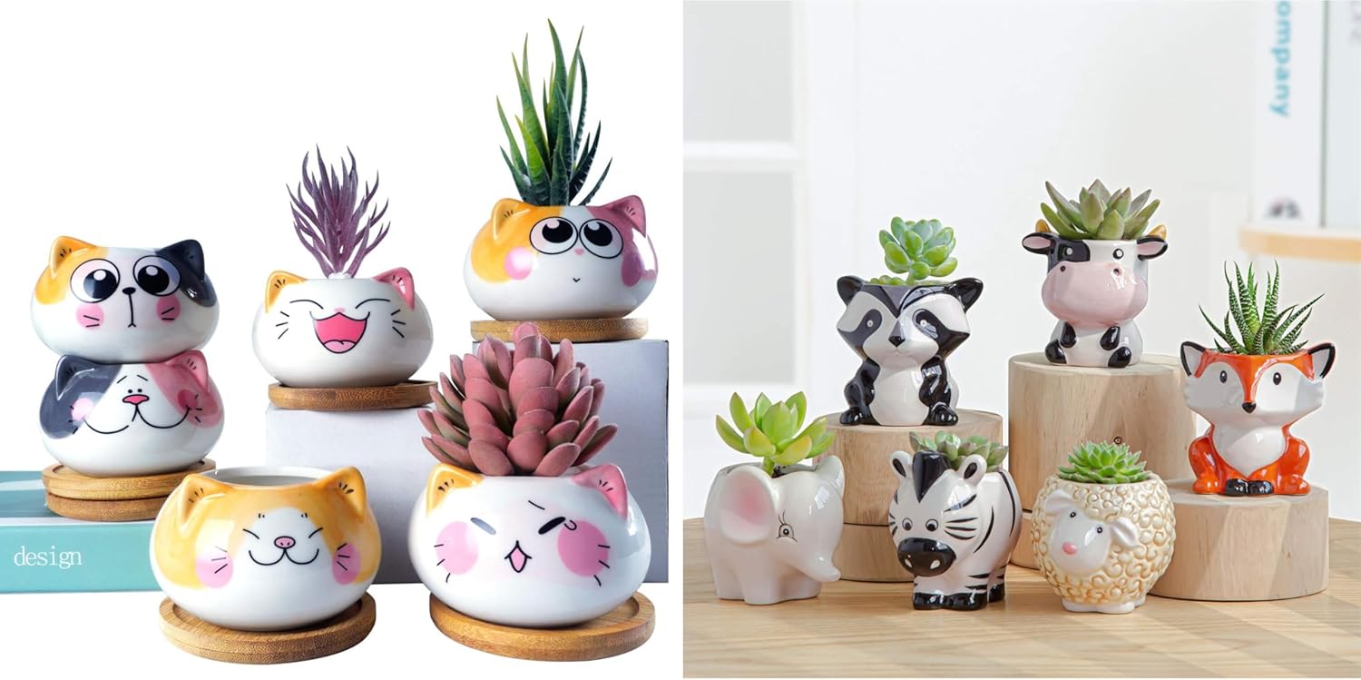 Animal Cat Planter, Cute Succulent Pots with Drainage, Small Cartoon Ceramic Air Plant Flower Pots Cactus Faux Planters Containers Set of 12