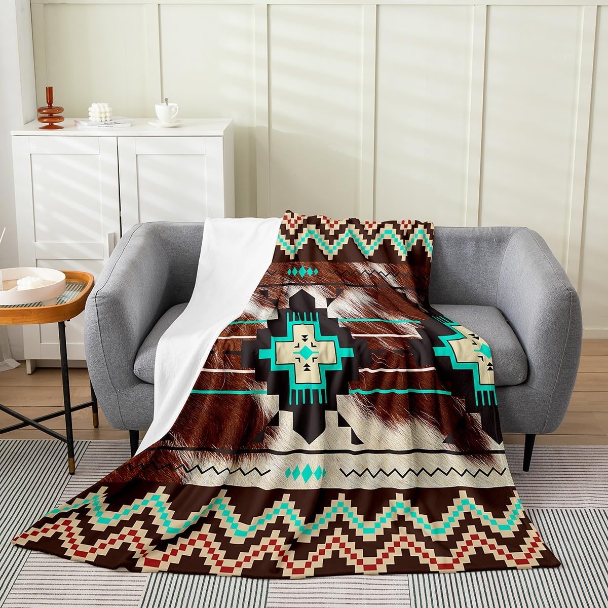 jejeloiu Brown Cowhide Aztec Fuzzy Blanket Queen 90"x90" Western Aztec Cow Fur Print All Season Bed Blanket Ethnic Geometric Flannel Blanket for Sofa Couch Toddler Boho Exotic Plush Blanket