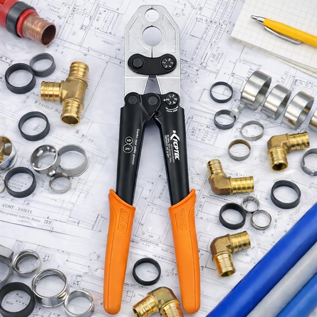 KF CPTEC PEX Crimp Tool Kit for PEX-B Plumbing, PEX Copper Crimping Tool for 1/2 inch and 3/4 inch PEX Pipe, Forged Steel PEX Crimper with Tubing Cutter and Go/No-Go Gauge, ASTM F1807 Compliant