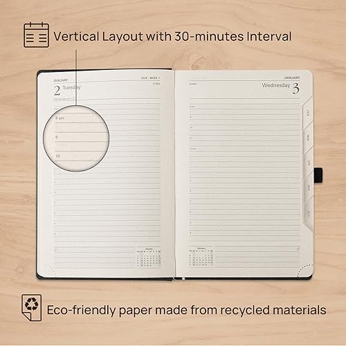 Miniatura 2 de POPRUN Agenda diaria reciclada 2024, una página al día, materiales 100% ecológicos, agenda 2024 con calendario mensual, bolsillo interior plegado,