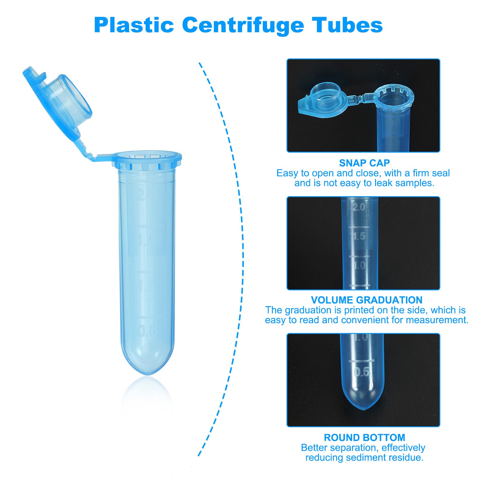 PATIKIL 2ML Tubos De Plástico Para Centrífuga, 500 Piezas Tubo Para Centrífuga De Fondo Redondo Con Tapa A Presión Y Marcas Graduadas Para Muestras De Laboratorio, Azul