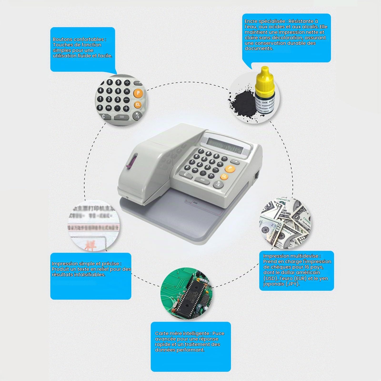 Imprimante à Chèques 16 Devises – Machine à Écrire des Chèques Multi-Devises avec Anti-Contrefaçon, Prend en Charge USD/EUR/GBP/JPY et 12 Autres Devises, Imprimante Professionnelle pour Bureau
