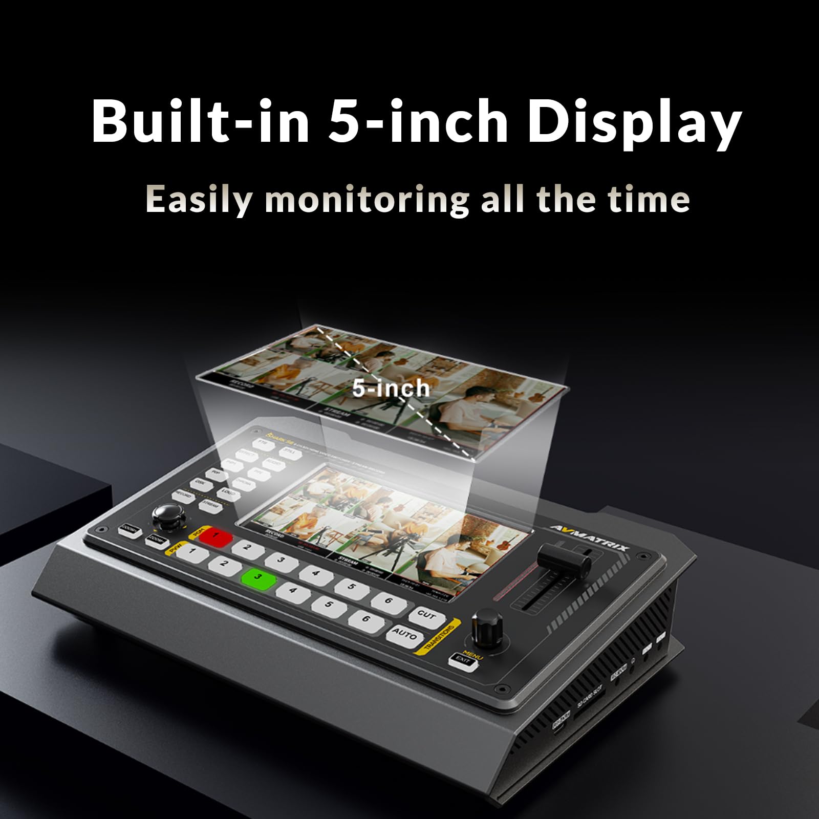 AVMATRIX Shark S6 - Commutatore video multi-camera con schermo da 5 pollici, ingressi SDI/HDMI, registrazione USB e scheda SD, uscite Ethernet e USB per streaming live in tempo reale, comodo controllo