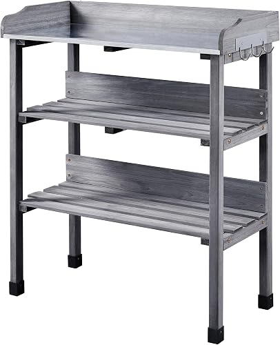 Topeakmart Fir Wood Potting Bench W/Storage Shelf W/Metal Tabletop W/Hook 3 Shelves Potting Table for Outdoor Garden Work Bench Gray