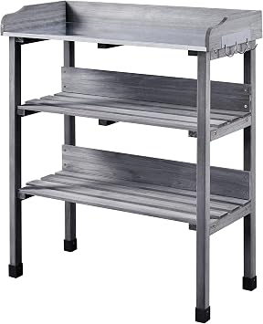 Topeakmart Potting Bench, Metal Top Garden Table for Outdoors,Gray | Outdoor potting bench with metal top, 3-tier shelves and hooks; sturdy fir wood garden table for planting and gardening work.