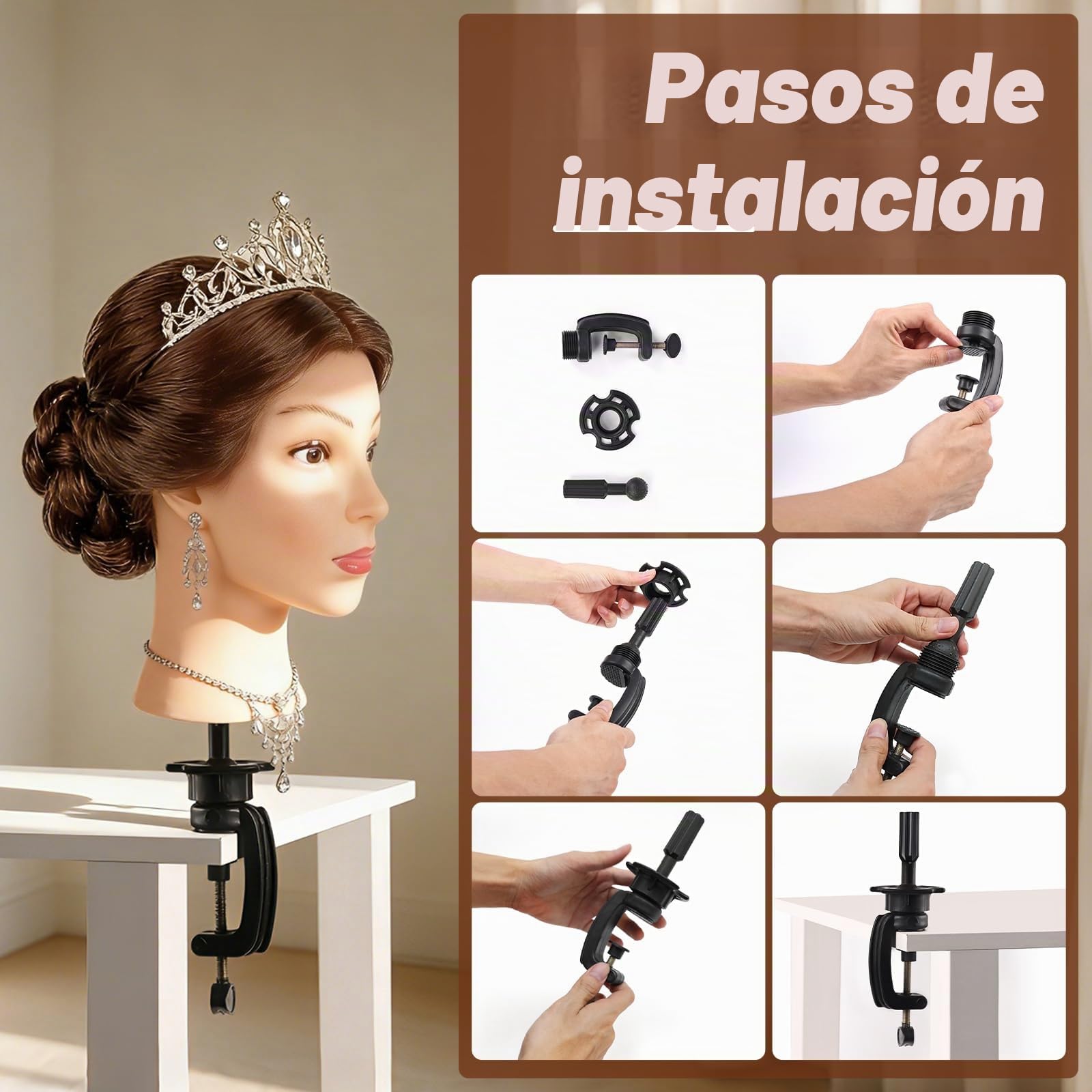 Cabeza de Maniquí de Peluquería con Pelo Natural 100%, TopDirect 22"/55cm Maniqui Pelo Natural de Cabello Humano Real Cosmetología para Peluquería con Soporte y Accesorios de Peinado (Marrón oscuro)
